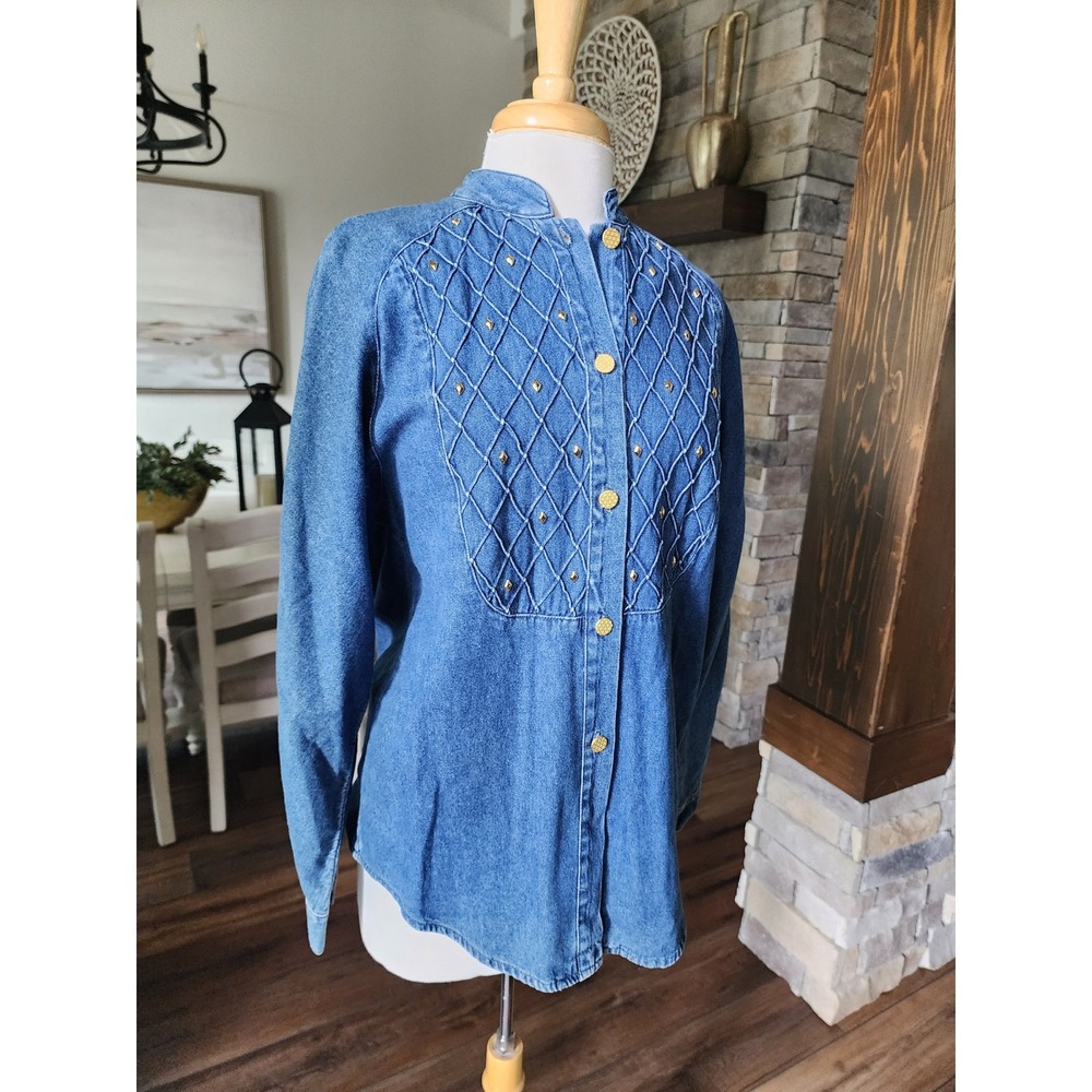 Alexa Em Denim Shirt Studded Diamond Pattern Long Sleeve Button Up Small Western